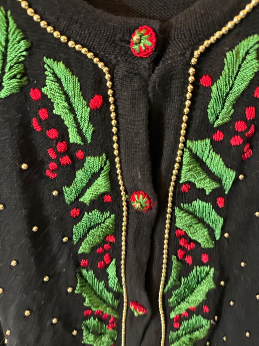 Vintage Arriviste Black Embroidered Holiday Cardigan with Bead Trim - Picture 5 of 7